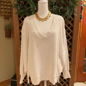 American Eagle Waffle Seriously Lived In Knit Oversized V Neck Sweater XS